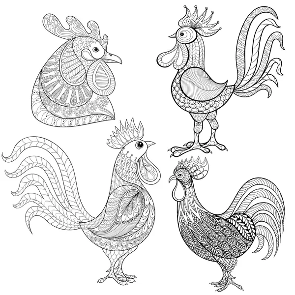 Gallo de dibujos animados Zentangle, set de gallos. Bosquejo dibujado a mano para adulto — Vector de stock