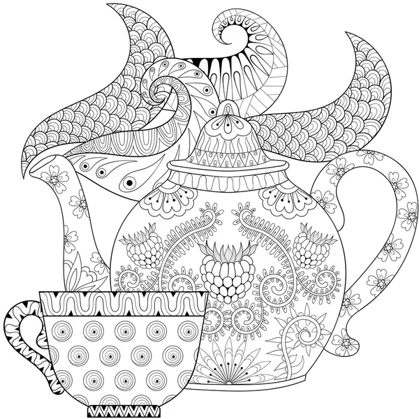 Zentangle stylized ornamental teapot with steam and cup of tea, — 스톡 벡터