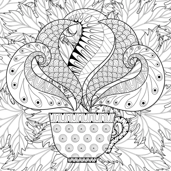 Zentangle stylized Cup of tea with steam on fall leaves backgro — 스톡 벡터