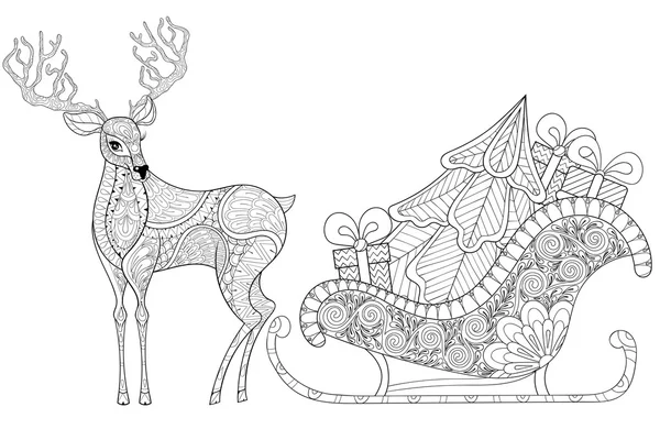 Reindeer with Sledges of Santa with Christmas tree, gifts in pat — Stock vektor