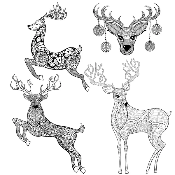 Christmas Reindeer set in patterned style for adult anti stress — Stock vektor