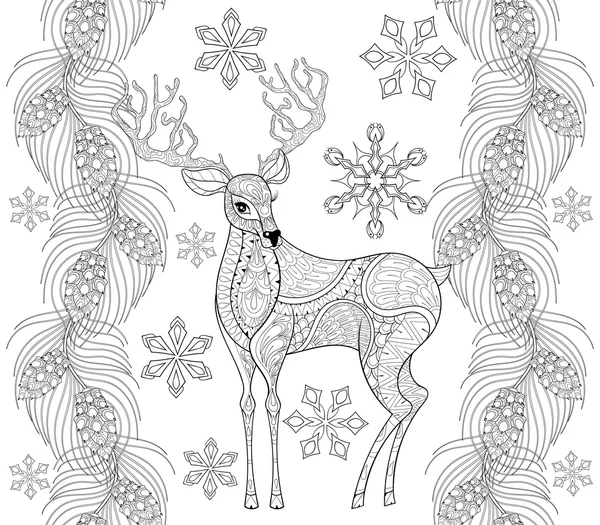 Zentangle reindeer with snowflakes, fir, pine branch seamless fr — Stock vektor