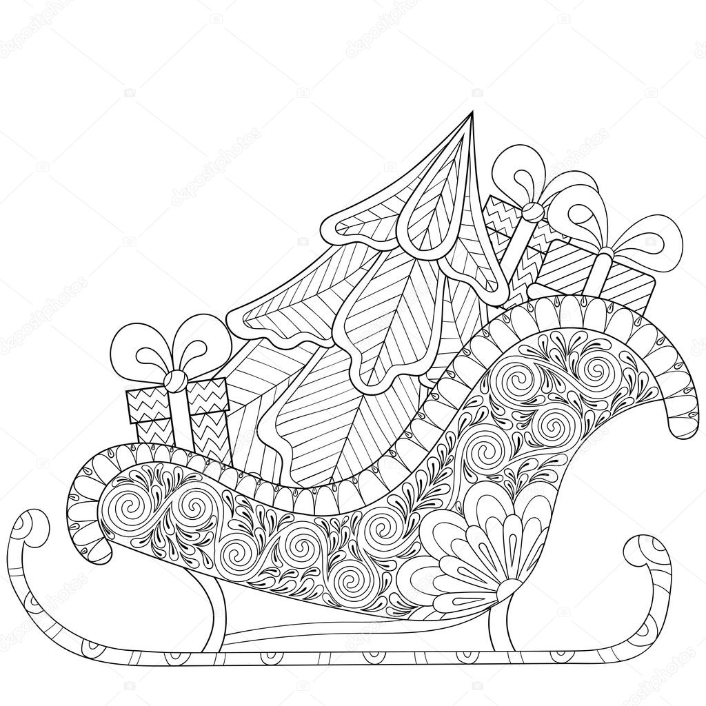Slitte di Natale di Babbo Natale con l albero di Natale regali in stile fantasia per adulto anti stress da colorare arteterapia tatuaggio