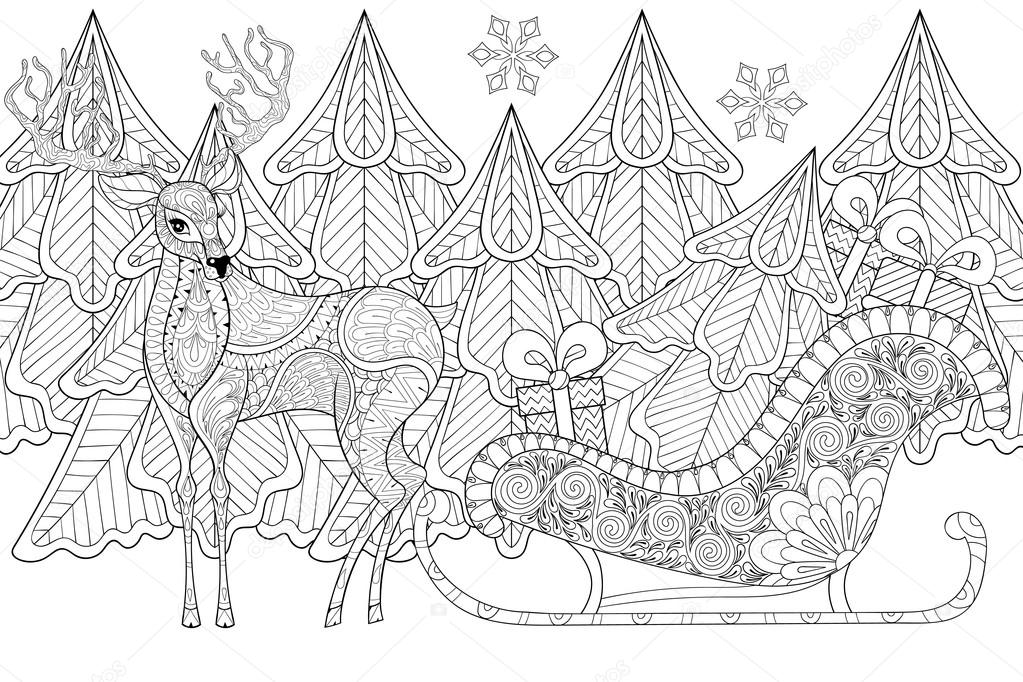 Reindeer with Sledges of Santa with Christmas tree, gifts, snowf