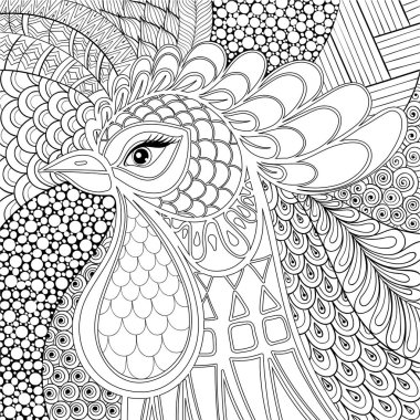 Zentangle horoz vektör çizim. Sembol 2017 yeni yıl. Elle çizilmiş çiftlik kuş tek renkli doodle yetişkin antistress boyama sayfaları, kitaplar, Sanat Terapisi için stil. Dövme, t-shirt baskı için kroki.