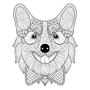 Zentangle Galce Corgi papyon tek renkli ile stil doodle. Çizilmiş köpek yavrusu el, Pembroke köpek yüz illüstrasyon yetişkin antistress boyama sayfaları, kitaplar, Sanat Terapisi için vektör. Kroki için logo, t-shirt baskı.