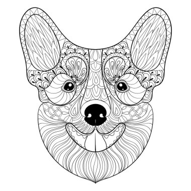 Zentangle köpek yüzlü tek renkli stil doodle. Çizilmiş köpek yavrusu el, Pembroke Welsh Corgi yetişkin antistress boyama sayfaları, kitaplar, Sanat Terapisi için baş illüstrasyon vektör. Kroki için logo, t-shirt baskı.