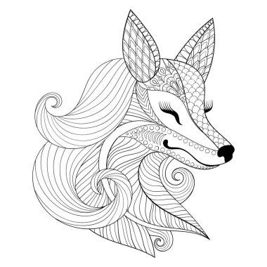 Zentangle Fox yüz tek renkli stil doodle. Çizilmiş vahşi hayvan el, Yetişkin boyama sayfaları, Sanat Terapisi, kitaplar için yüz illüstrasyon vektör. Logo, t-shirt baskı için siyah ve beyaz eskiz.