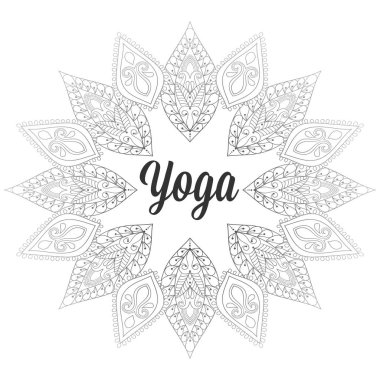 Vektör zentangle Yoga tek renkli tasarımı, el çekilmiş şablon, yaprak ve çiçek davet, yoga Spor Salonu sınıfları illüstrasyon, meditasyon ve buddism, güzellik ve spa bütünsel merkezleri ile amblemi.