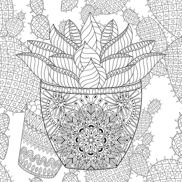 Zentangle 多肉サボテンのシームレスなパターンをベクトルに。手の描かれた概要砂漠の植物図、モノクロのテクスチャ落書き大人 antistress ぬりえページ、書籍、芸術療法、ファブリックのスタイル. — ストックベクタ