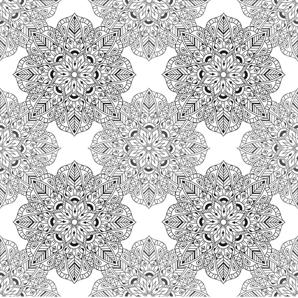 Zentangle Mandala seamless pattern in dodle style. Ручная рисованная векторная иллюстрация для взрослых страниц антистрессовой раскраски, книг, арт-терапии, логотипа, печати футболок. Шаблон для оформления тату с элементами мехенди — стоковый вектор