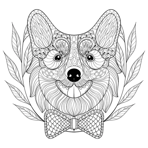 Zentangle Welsh Corgi met strikje in krans frame doodle stijl. Hand getekende pup, vector Pembroke hond gezicht illustratie voor volwassen antistress kleurtje pagina's, boeken, kunst therapie. Schets voor logo, t-shirt afdrukken. — Stockvector