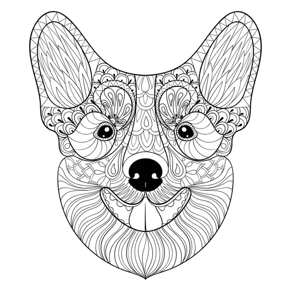 Zentangle Dog face in monochrome doodle style. Ручной рисунок щенка, вектор Pembroke валлийский Корги голову иллюстрации для взрослых антистрессовых страниц раскраски, книги, арт-терапии. Эскиз логотипа, отпечаток футболки . — стоковый вектор