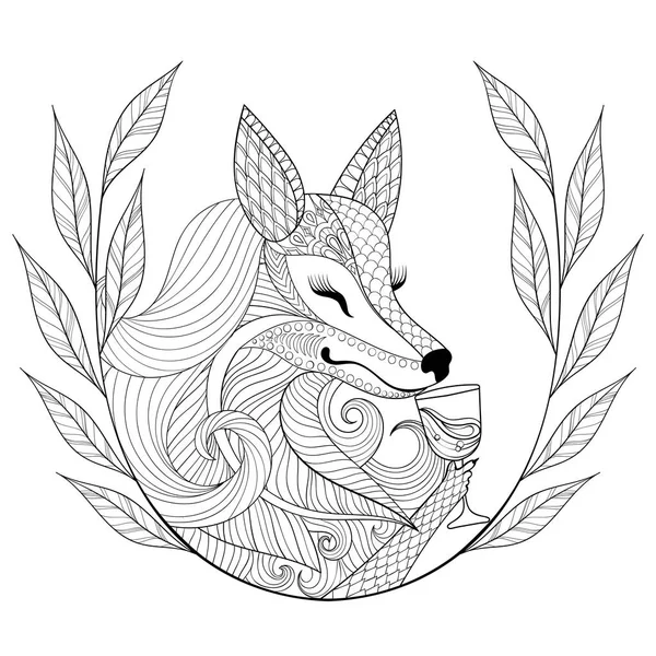 Zentangle Fox met glas wijn in zwart-wit doodle stijl. Hand getekende Wild dier met krans, vector illustratie van het gezicht voor volwassen kleurende pagina's, boeken, kunst therapie. Zwarte schets voor logo, t-shirt afdrukken. — Stockvector