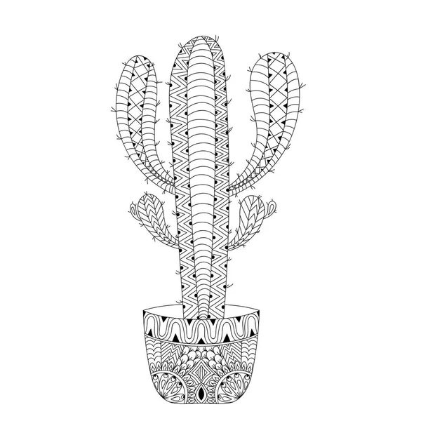 Zentangle mexický kaktus vektorové ilustrace. Pouštní nakreslený obrys ruky Květináč, sukulentní ve stylu doodle pro dospělé antistress barevné stránky, knihy, arteterapie. Skica pro loga, tetování, tričko tisk. — Stockový vektor
