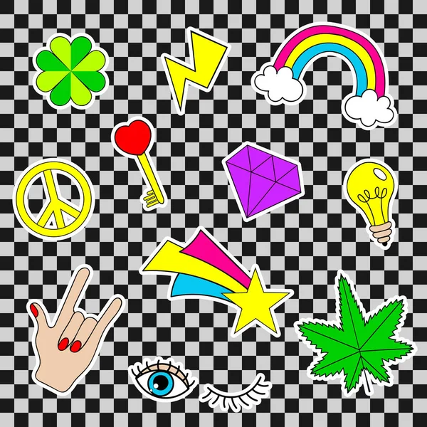 Happy vector patches, retro badges with lucky clever, heart, star, diamond, eye, rainbow, key, light bulb, cannabis over gray background. Cute stickers, pins for embroidery — Stock Vector