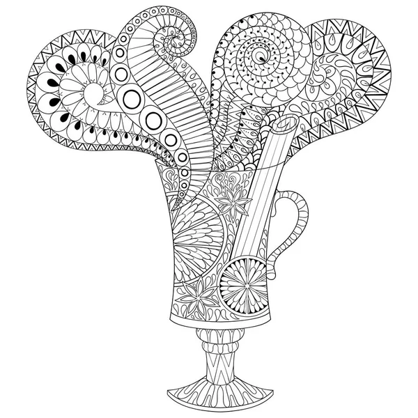 Vector glas varmt vin i zentangle, doodle stil. Handen ritade jul Glühwein illustration för vuxna färg sidor, Cafés chalck styrelsen, inbjudan. Varm dryck med ånga. Nonochrome skiss. — Stock vektor
