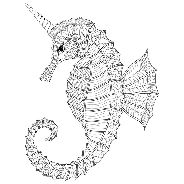 Zentangle stylized black Sea Horse like Unicorn. Hand Drawn vector illustration for adult coloring books, isolated on white background. Sketch for tattoo or makhenda. Sea collection. — Stock Vector