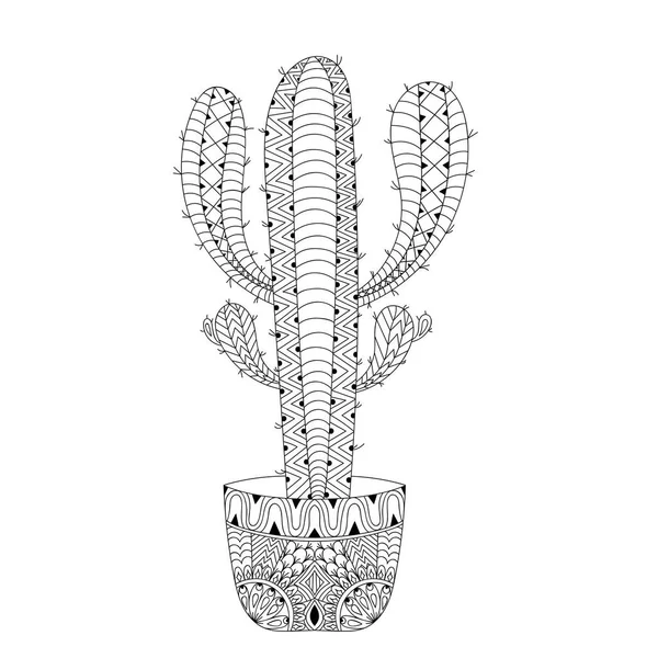 Zentangle mexican Cactus vector illustration. Hand drawn outline desert plant, succulent pot in doodle style for adult antistress coloring pages, books, art therapy. Sketch for logo, tattoo, t-shirt print. — Stock Illustration Zentangle mexican Cactus vector illustration. Hand drawn outline desert plant, succulent pot in doodle style for adult antistress coloring pages, books, art therapy. Sketch for logo, tattoo, t-shirt print. Stock Vector