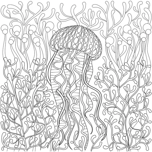 Vector jellyfish, medusa in zentangle style. Hand drawn Sea animal in water among seaweed for adult antistress coloring page book, art therapy. Freehand illustration. Monochrome sketch, t-shirt print. Stock Vector