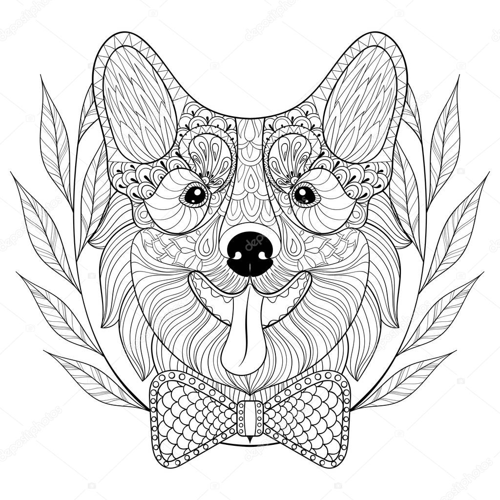 Download Zentangle Welsh Corgi with bow tie in wreath frame, doodle ...