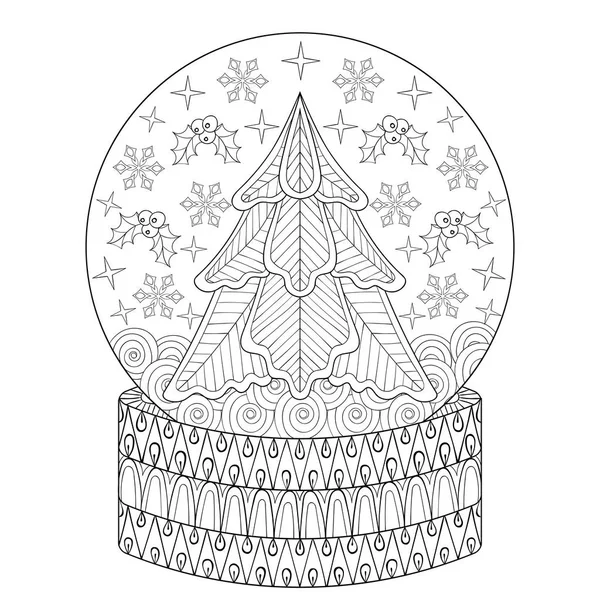 Zentangle vektor snowjordklot med fir julgran, snöflingor inuti. Holiday vuxen antistress målarbok, dekorativa mönstrade illustration för gratulationskort. — Stock vektor