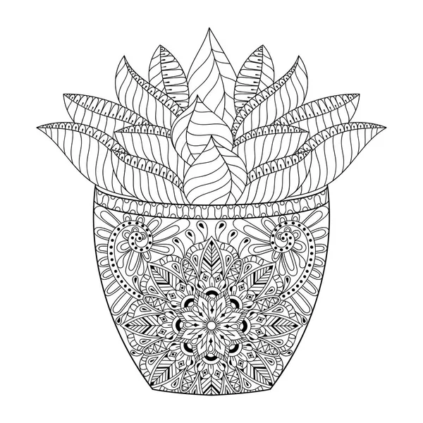 Zentangle 多汁植物，仙人掌矢量图。手工绘制的轮廓的沙漠植物纹理着色页、 书籍、 艺术治疗成人抗应激的单色涂鸦风格。徽标、 纹身、 t 恤素描打印. — 图库矢量图片