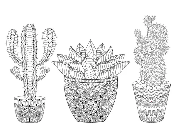 Zentangle Cactus set, vector illustration. Hand drawn outline desert plants pot, succulents in doodle style for adult antistress coloring pages, books, art therapy. Sketch for logo, tattoo, t-shirt print. — Stock Vector