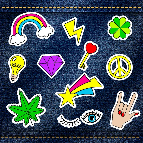 Vector happy patches, retro badges with lucky clever, heart, star, diamond, eye, rainbow, key, light bulb, cannabis over denim jeans texture with strings and seams. Cute stickers, pins for embroidery — Stock Vector