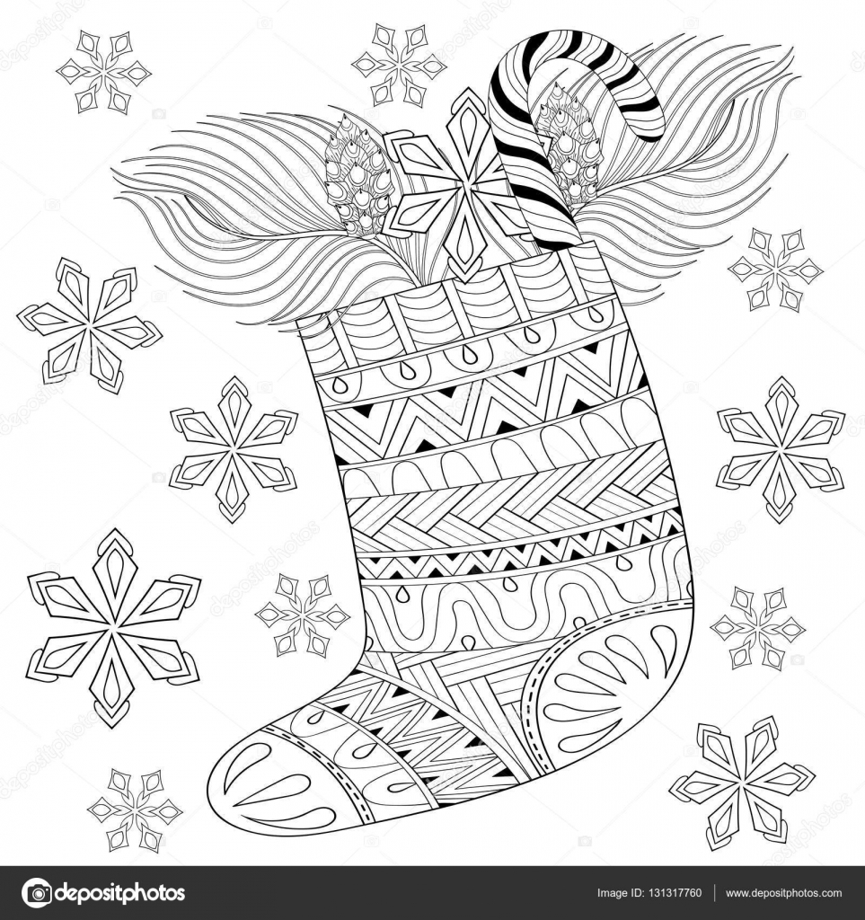 Hiver tricoté chaussette de No l cadeau du p¨re No l en zentangle style La main des éléments décoratifs ethniques dessinés pour livre de coloriage adulte
