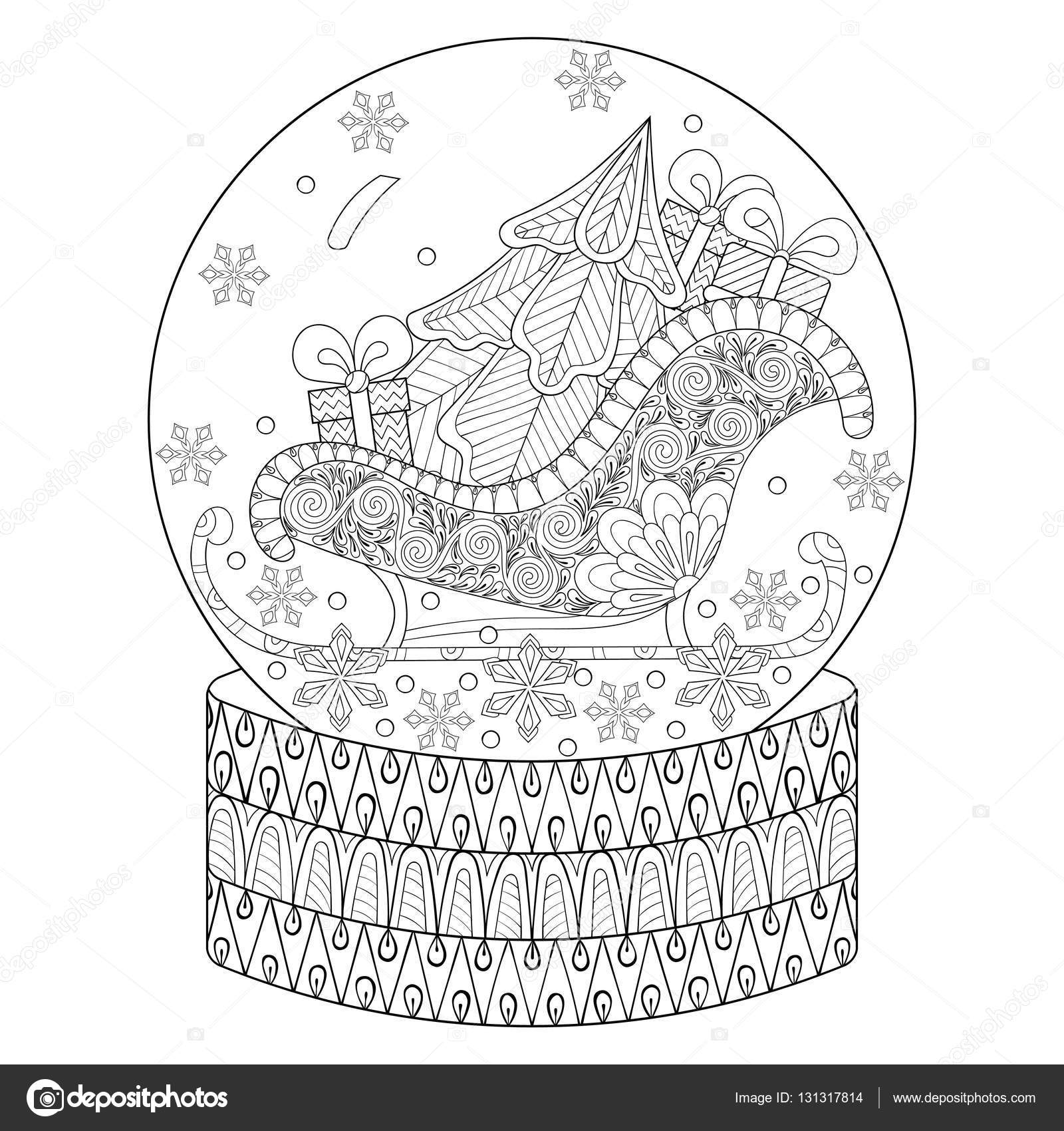 Boule   neige zentangle Vector avec luge arbre de No l et coffrets cadeaux La main des éléments décoratifs ethniques dessinés pour livre de coloriage