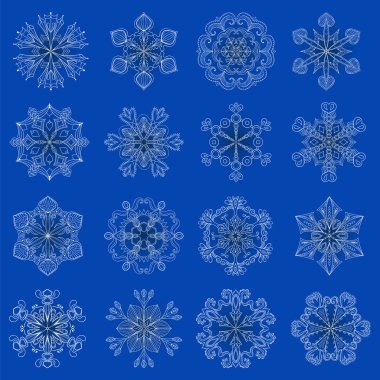 Vektör vintage kar tanesi zentangle tarzında ayarlayın. Noel, yeni yıl dekorasyon için 16 özgün izole beyaz kar gevreği. Elle çizilmiş doodle nesneler. Eps10.