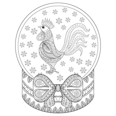 Zentangle Noel kar küresi horoz, kar taneleri ile vektör. Yetişkin boyama kitabı, sayfa, Sanat Terapisi için çizilmiş snowglobe ver. Gösterim amacıyla yeni yıl 2017, posterler ve tebrik kartları