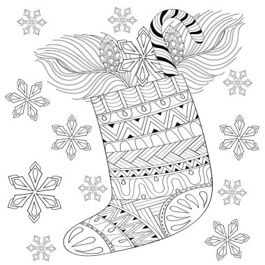 Kış Noel çorap hediye ile Noel Baba'nın zentangle tarzında ördü. El etnik dekoratif öğeler yetişkin renklendirme kitap için çekilmiş. Vektör çizim yeni yıl 2017. 