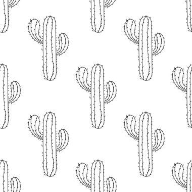 Meksika kaktüs seamless modeli, vektör çizim. Elle çizilmiş doodle tarzı yetişkin anti stres boyama sayfası, kitap, Sanat Terapisi için çöl bitki.