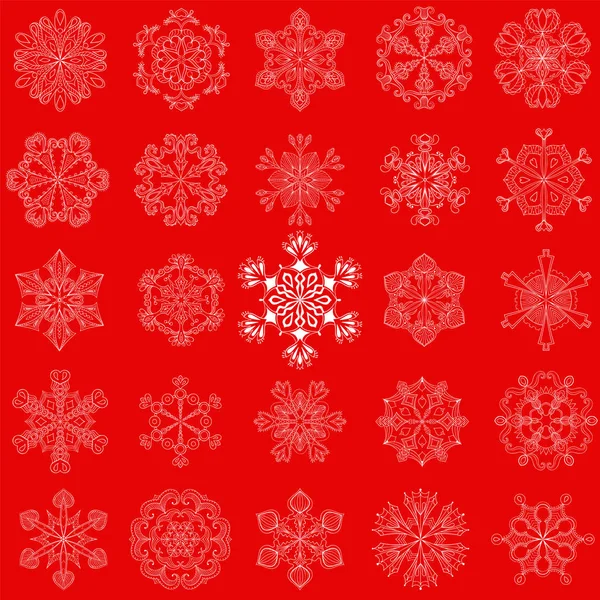 Floco de neve vintage vetorial definido em estilo zentangle. 25 flocos de neve originais isolados em fundo vermelho, para o Natal, decoração de Ano Novo. Objetos de rabiscos desenhados à mão . — Vetor de Stock