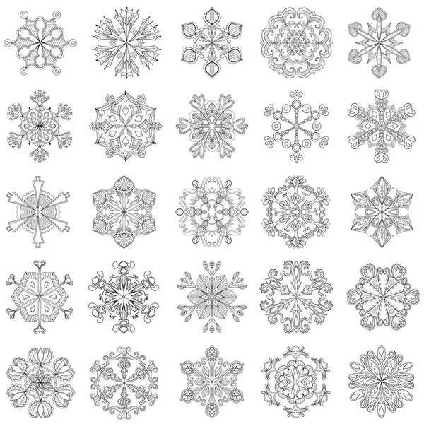 Śnieżynka wektor zestaw w zentangle stylu. 25 oryginalnych płatki śniegu na Boże Narodzenie, nowy rok ozdoba. Ręcznie rysowane doodle obiektów. — Wektor stockowy