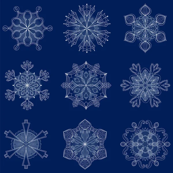 Διάνυσμα vintage νιφάδα χιονιού στο zentangle στιλ. 9 αρχικό απομονωμένο χιονιού νιφάδες για τα Χριστούγεννα, το νέο έτος διακόσμηση. Χέρι doodle αντικείμενα. Eps10. — Διανυσματικό Αρχείο