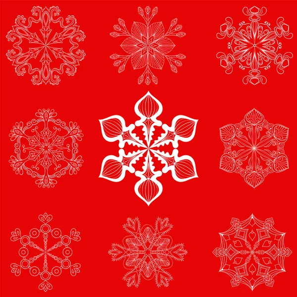 Floco de neve vintage definido em estilo zentangle. 25 flocos de neve vetorial originais isolados em fundo vermelho, para o Natal, decoração de Ano Novo. Objetos de rabiscos desenhados à mão . — Vetor de Stock