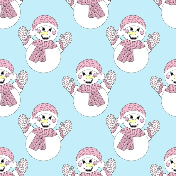 Vector azul patrón sin costuras muñeco de nieve. Ilustración de Navidad dibujada a mano para libro para colorear para adultos, para carteles y tarjetas de felicitación de Año Nuevo 2017 — Vector de stock