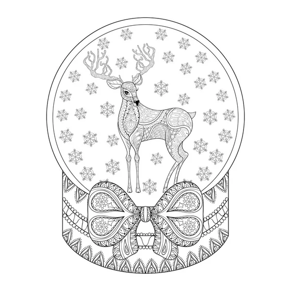 驯鹿，矢量 zentangle 圣诞雪景雪花。手工绘制的玻璃球成人着色书、 页、 艺术治疗。图为新的一年 2017年、 海报、 贺卡，书封面模板 — 图库矢量图片