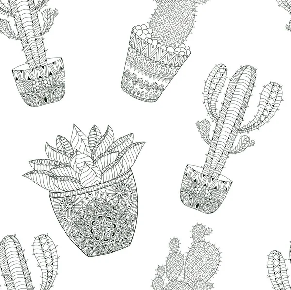 Zentangle Μεξικού κάκτος χωρίς ραφή πρότυπο, εικονογράφηση φορέα. Φυτό ερήμου χέρι, ζουμερές γλάστρες σε στυλ doodle για ενήλικα αντι στρες χρωματισμός σελίδα, το βιβλίο, θεραπεία τέχνης. — Διανυσματικό Αρχείο