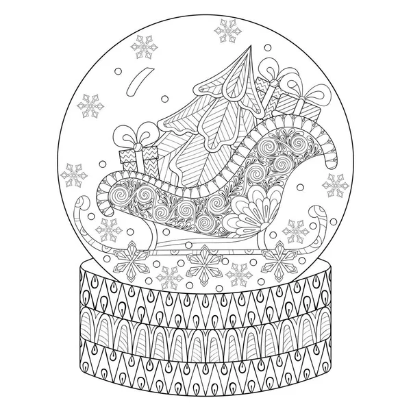 Sledge, Noel ağacı ve hediye kutuları ile vektör zentangle kar küresi. El etnik dekoratif öğeler yetişkin renklendirme kitap için çekilmiş. Yeni yıl 2017posters ve tebrik kartları için vektör çizim — Stok Vektör