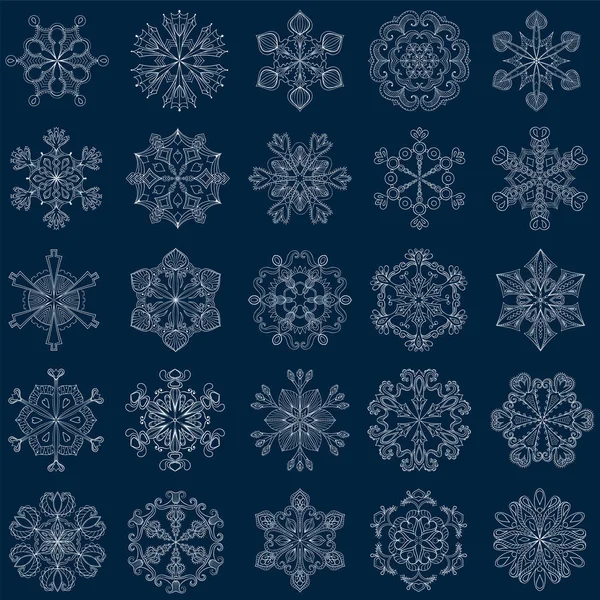 Floco de neve vintage vetorial definido em estilo zentangle. 25 flocos de neve originais para o Natal, decoração de Ano Novo. Objetos de rabiscos desenhados à mão . — Vetor de Stock