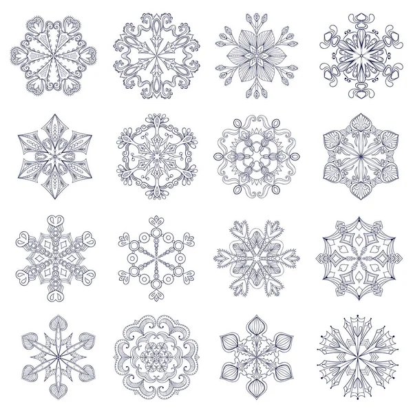 Διάνυσμα vintage νιφάδα χιονιού στο zentangle στιλ. 16 αρχικό νιφάδες χιονιού για τα Χριστούγεννα, το νέο έτος διακόσμηση. Χέρι που απομονωμένες doodle αντικείμενα. Eps10. — Διανυσματικό Αρχείο