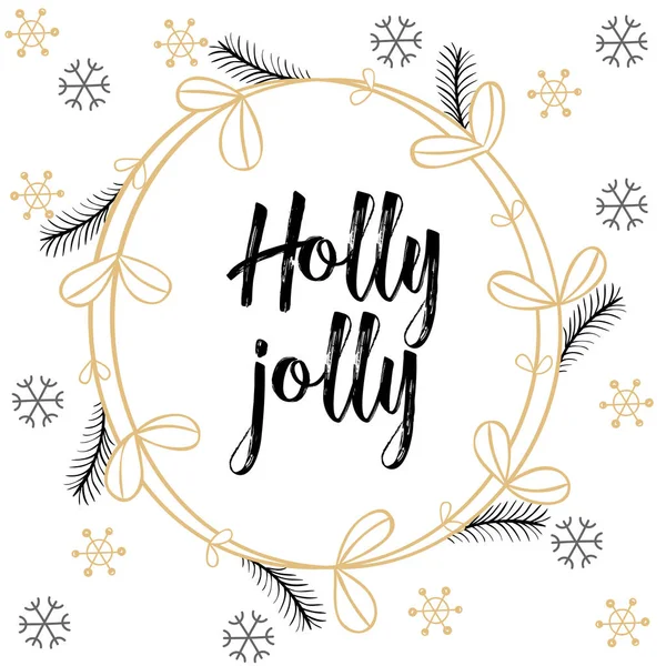 Caligrafia de Natal Holly Jolly. Mão desenhado letras escova na paleta de cores pastel, grinalda floral, flocos de neve. Modelo de cartão de saudação, banner . — Vetor de Stock