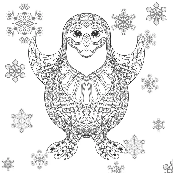 Zentangle stylisé Pingouin. Vecteur de l'illustration joyeuse des oiseaux. Croquis pour tatouage, cartes postales, coloriage anti stress adulte . — Image vectorielle