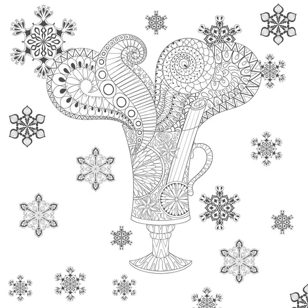 Vector de copa de vino caliente con especias en zentangle, estilo garabato. Dibujo para tatuaje, postales, página para colorear adulto anti estrés . — Vector de stock