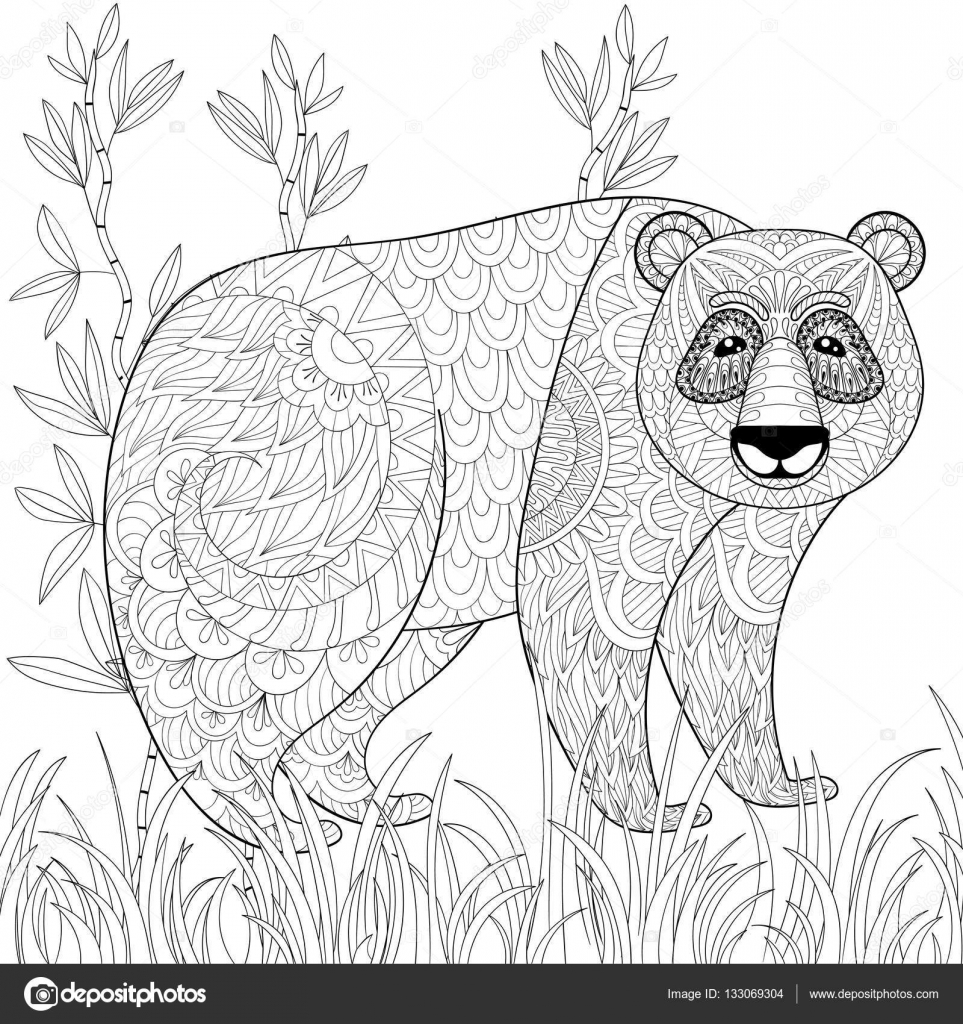 Grote Panda Met Bamboe In Zentangle Tribal Stijl Freehand Etnische