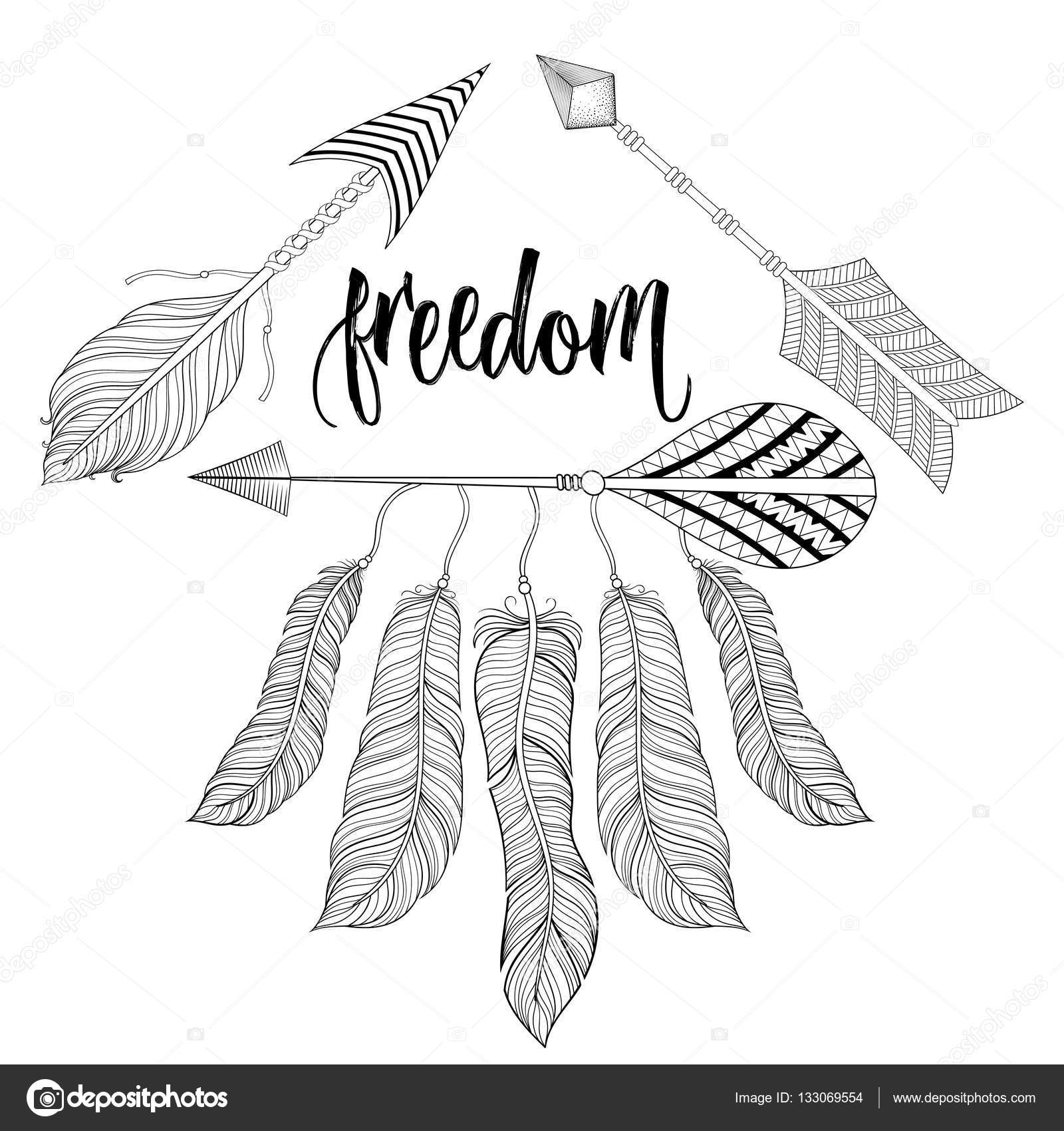 Boho chic ethnic Dreamcatcher with Feathers Arrows freedom calligraphy hipster concept American native style zentangle illustration for adult coloring